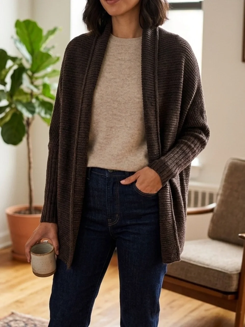 COZY CASUAL Chunky Cocoon Cardigan Open Front Woven Sweater Dark Brown & Black